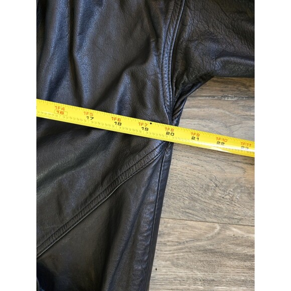 VTG Express Black Leather Trench Coat Shoulder Pads Petite SZ 12? MISSING BUTTON - Picture 4 of 12